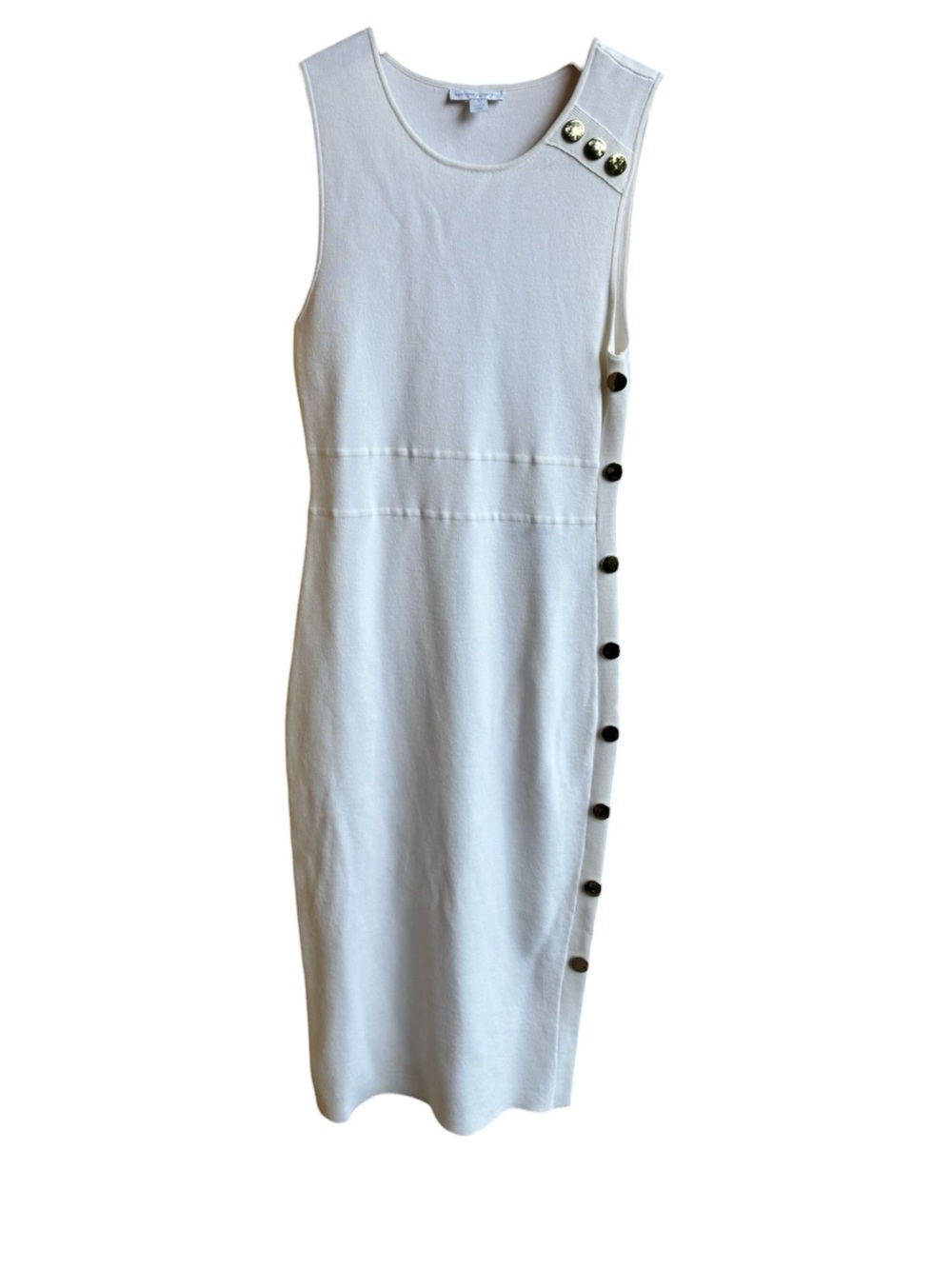 New York & Company White Knit Midi Dress Size Small Gold Button Elegant Casual - Picture 4 of 15